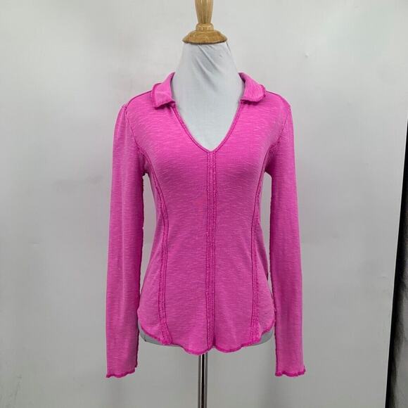 Pilcro Top Womens XS Extra Small Hot Pink Stitched V Neck Ribbed Anthropologie - Picture 2 of 12